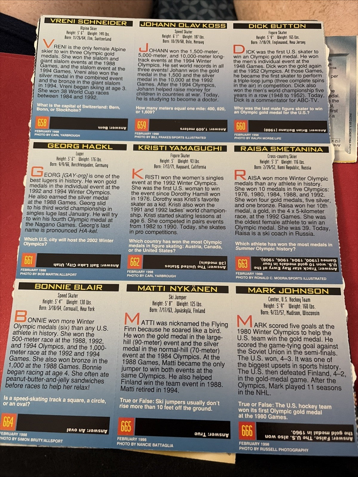 Sports Illustrated Kids 1998 02 February Uncut Card Sheet Mark Johnson
