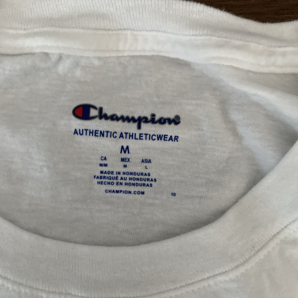 Champions Block Logo T-Shirt White & Blue Sz Medium