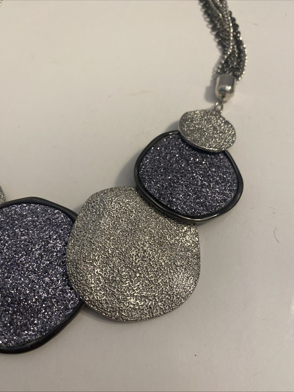 Shimmer Statement Collar Necklace with Silver Tone Disk Pedants