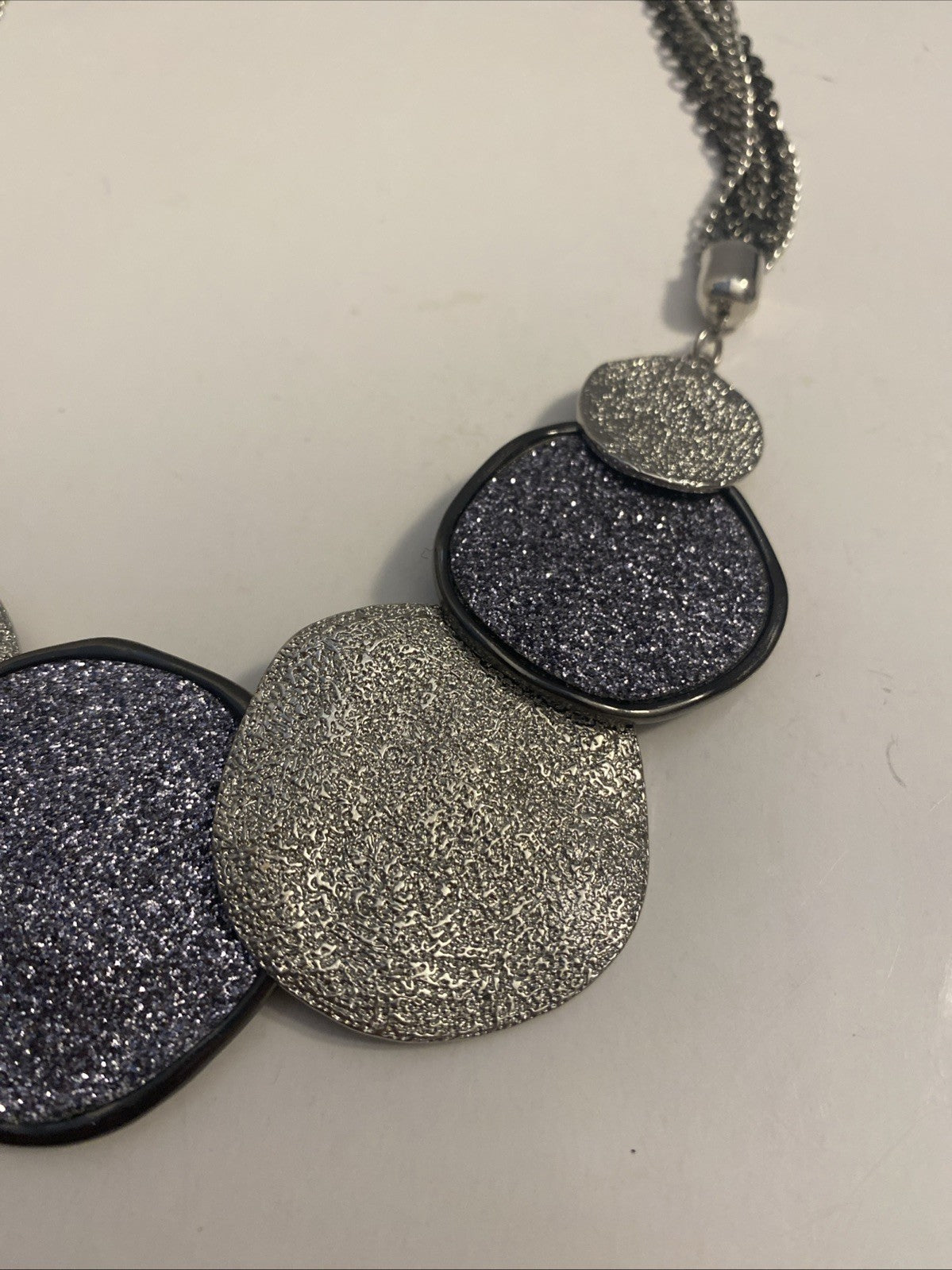 Shimmer Statement Collar Necklace with Silver Tone Disk Pedants