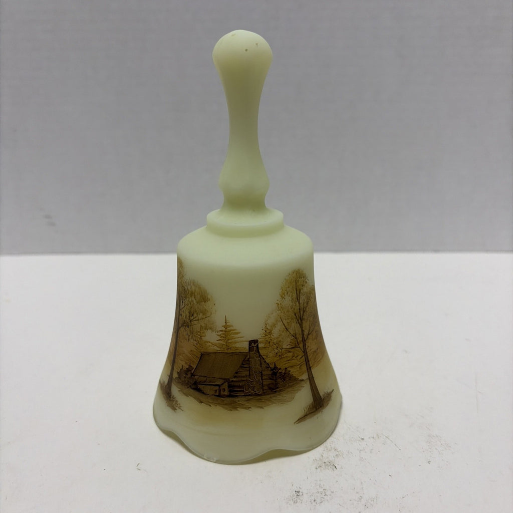 Vintage Fenton Uranium Custard Glass Bell Log Cabin Hand Painted Signed ~ Glows