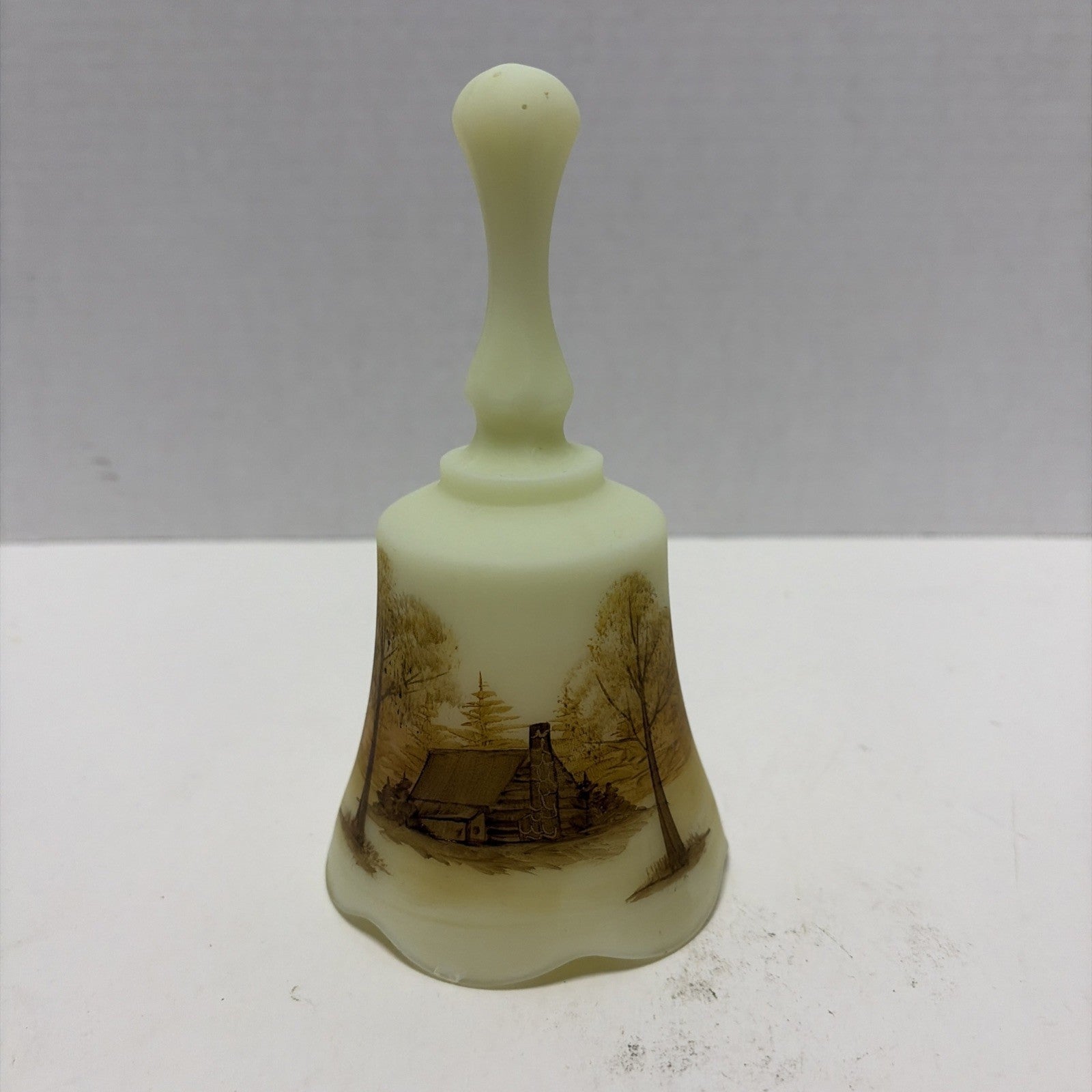 Vintage Fenton Uranium Custard Glass Bell Log Cabin Hand Painted Signed ~ Glows