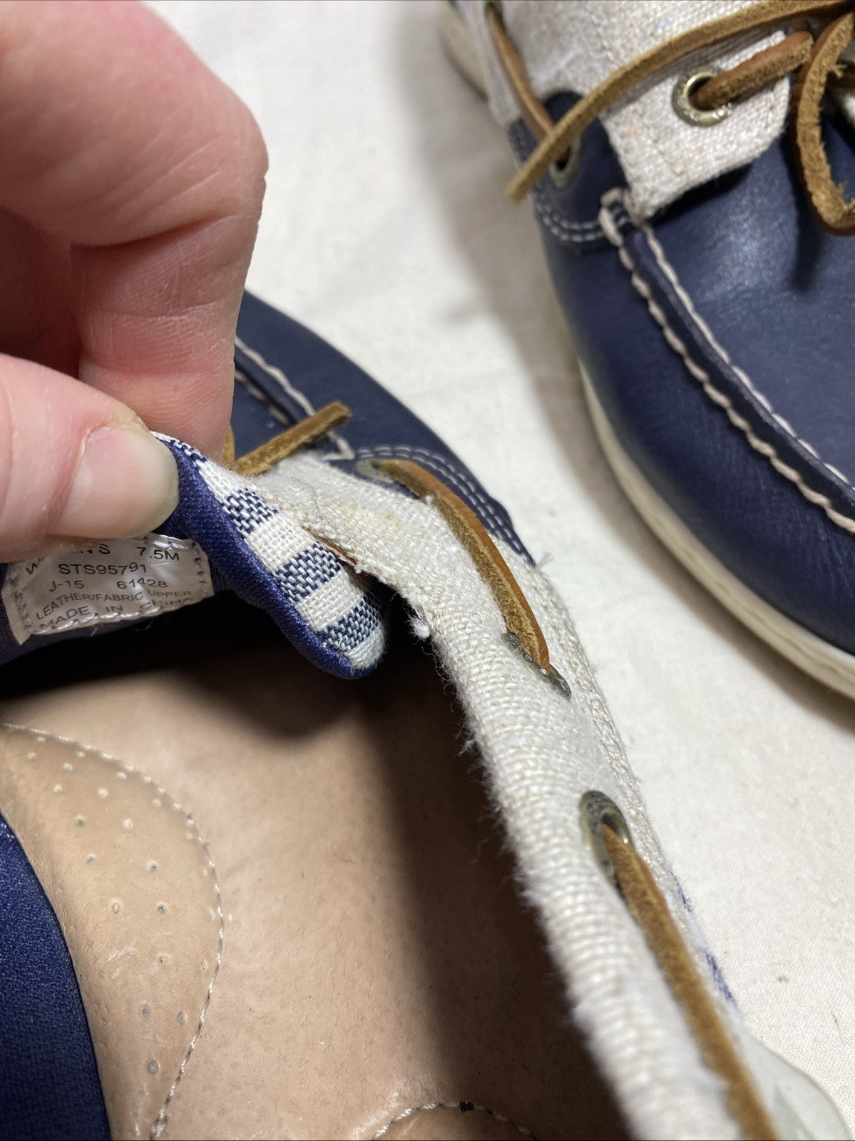 Sperry Koifish Blue Leather Boat Shoes Navy Stripe Canvas  Womens 7.5M