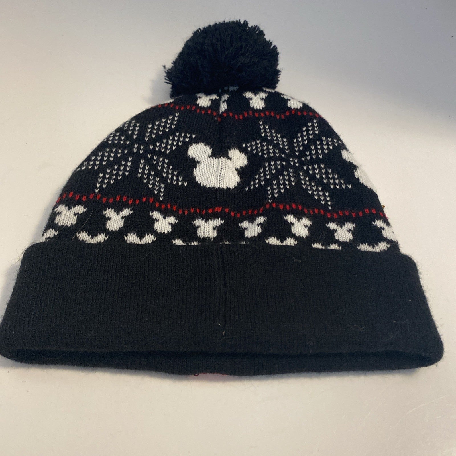 Disney Mickey Mouse beanie with pom-pom red sequence black-and-white knit cap