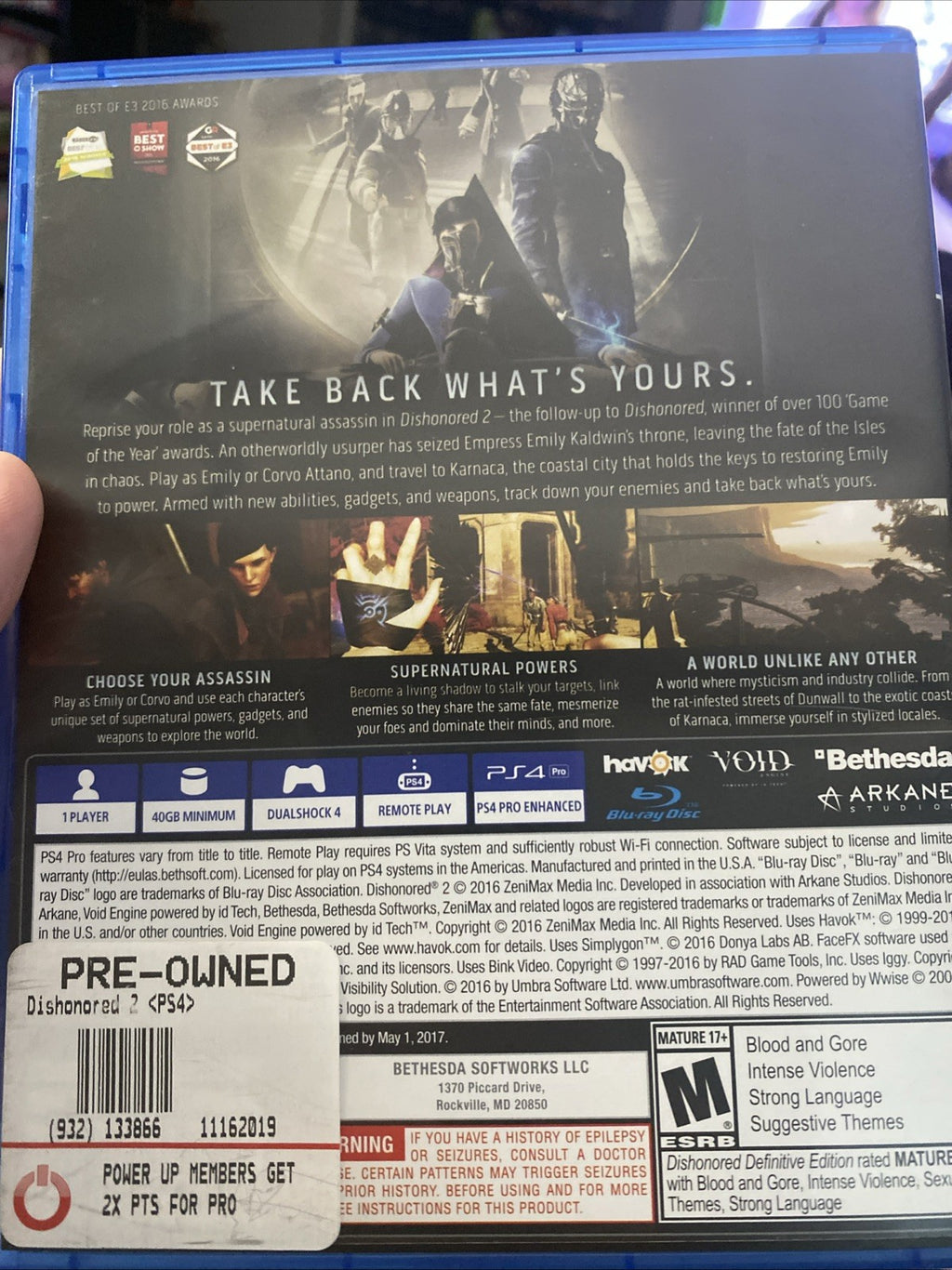Sony Playstation 4 PS4 Dishonored 2 Game Complete CIB + Manual Bethesda Preowned