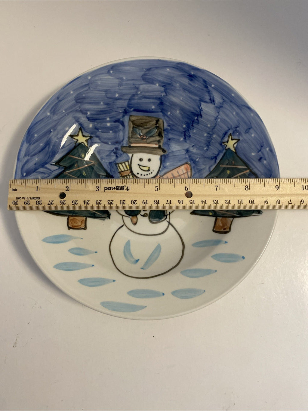 Holiday Seasons Handpainted Snowman Bowl 9" DIA, Microwave/ Dishwasher Safe