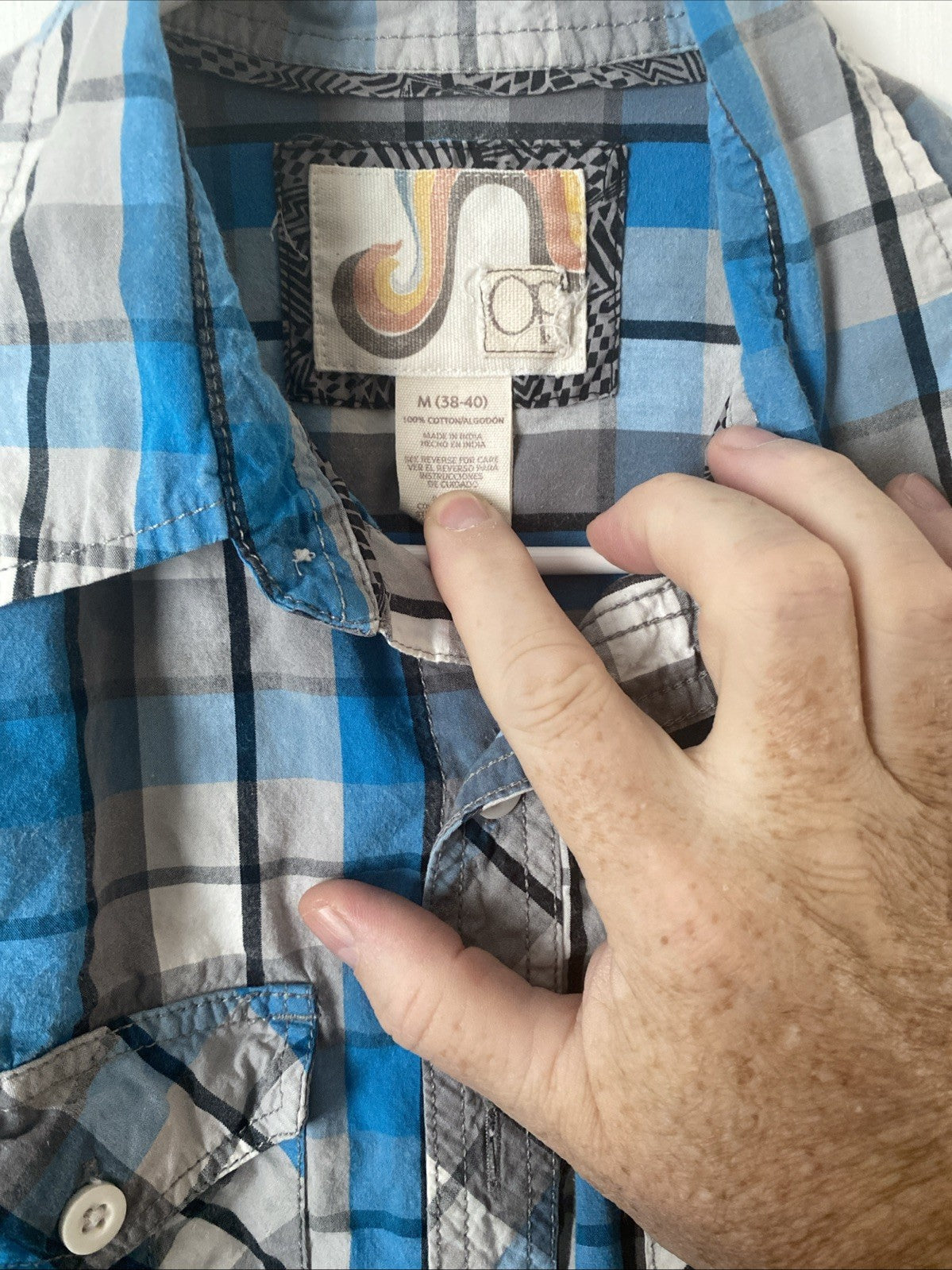 OP Mens Medium M Shirt Long Sleeve Button Front Gray Blue Black Plaid