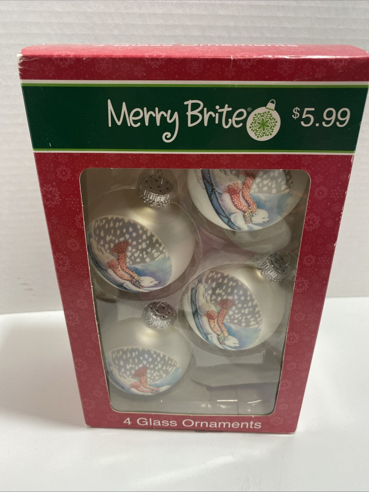 NIB 4 Merry Brite Round Christmas Ornaments Sledding Polar Bears