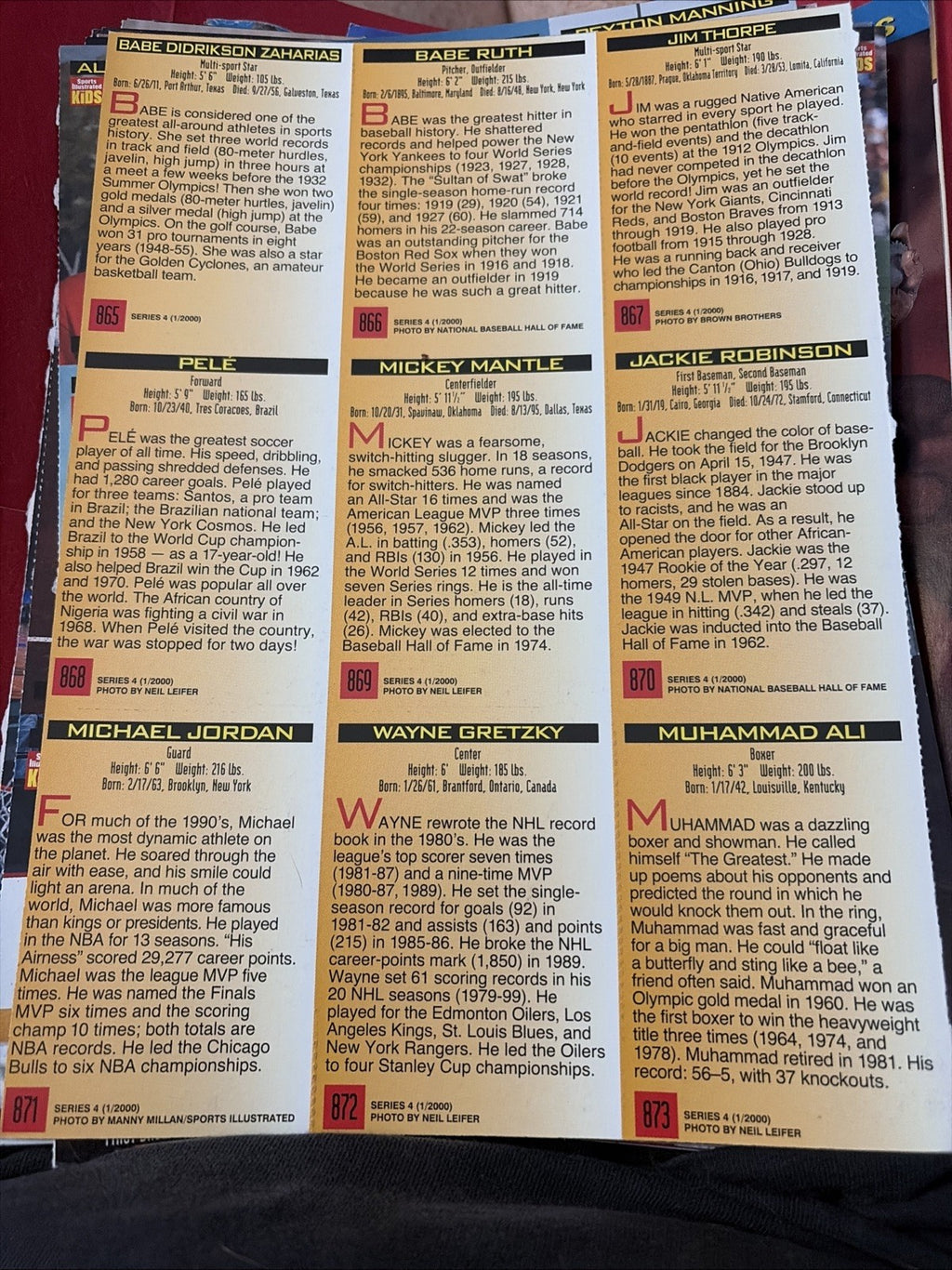 SPORTS ILLUSTRATED FOR KIDS JAN 2000 CARDS JORDAN ALI MANTLE RUTH ROBINSON+++  !