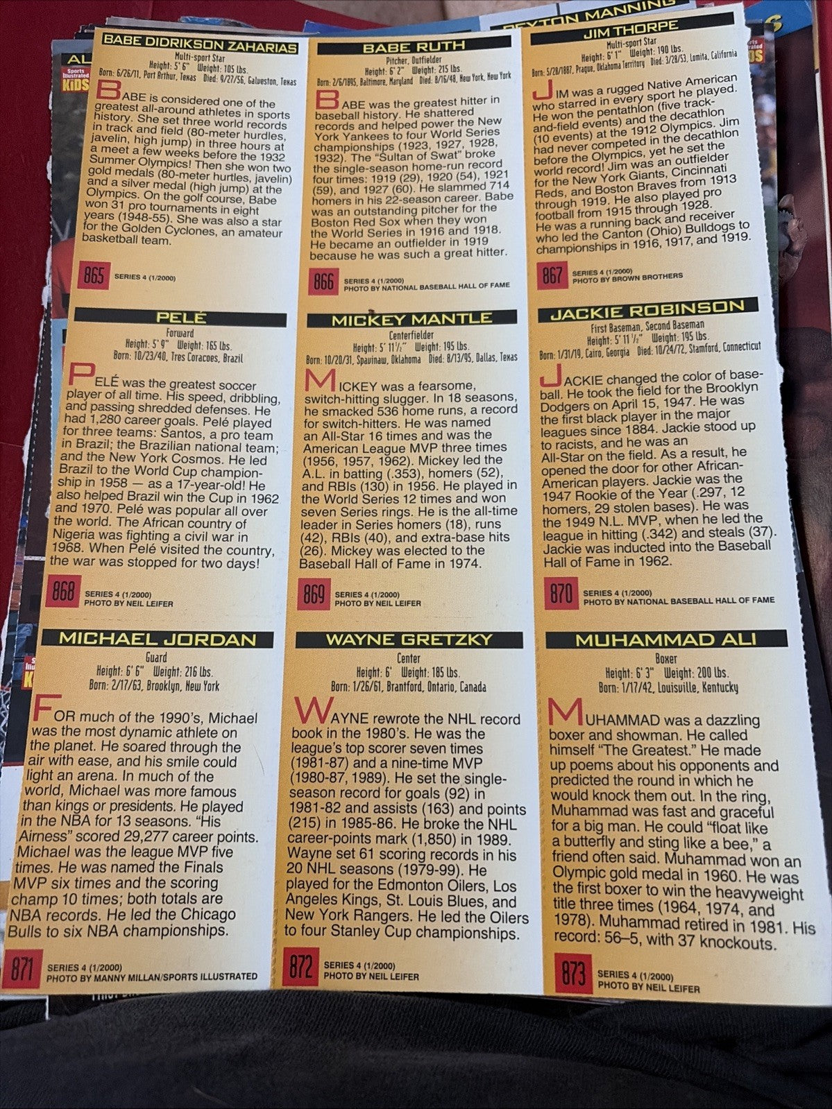SPORTS ILLUSTRATED FOR KIDS JAN 2000 CARDS JORDAN ALI MANTLE RUTH ROBINSON+++  !