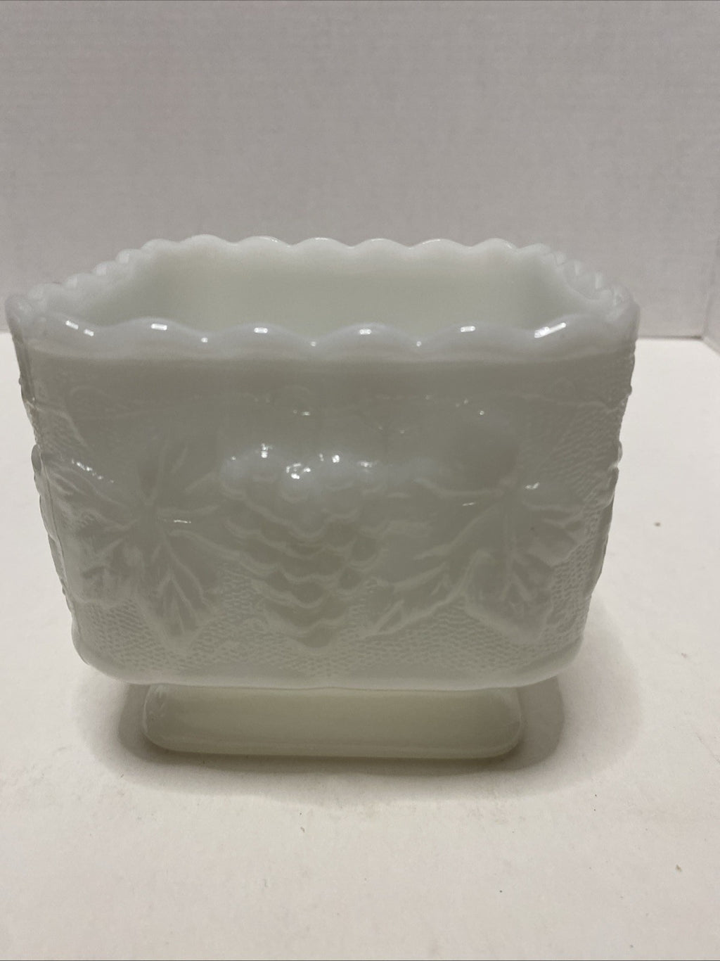 Vintage Square Footed White Milk Glass Candy Dish/Planter Harvest Grape Pattern 