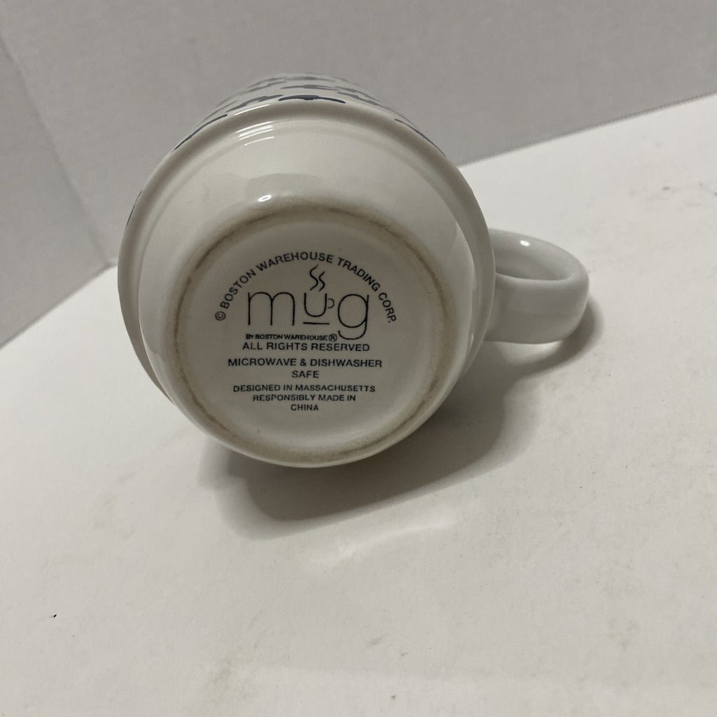 Boston Warehouse Trading Corp Glazed Stoneware  Mug White w/ blue design