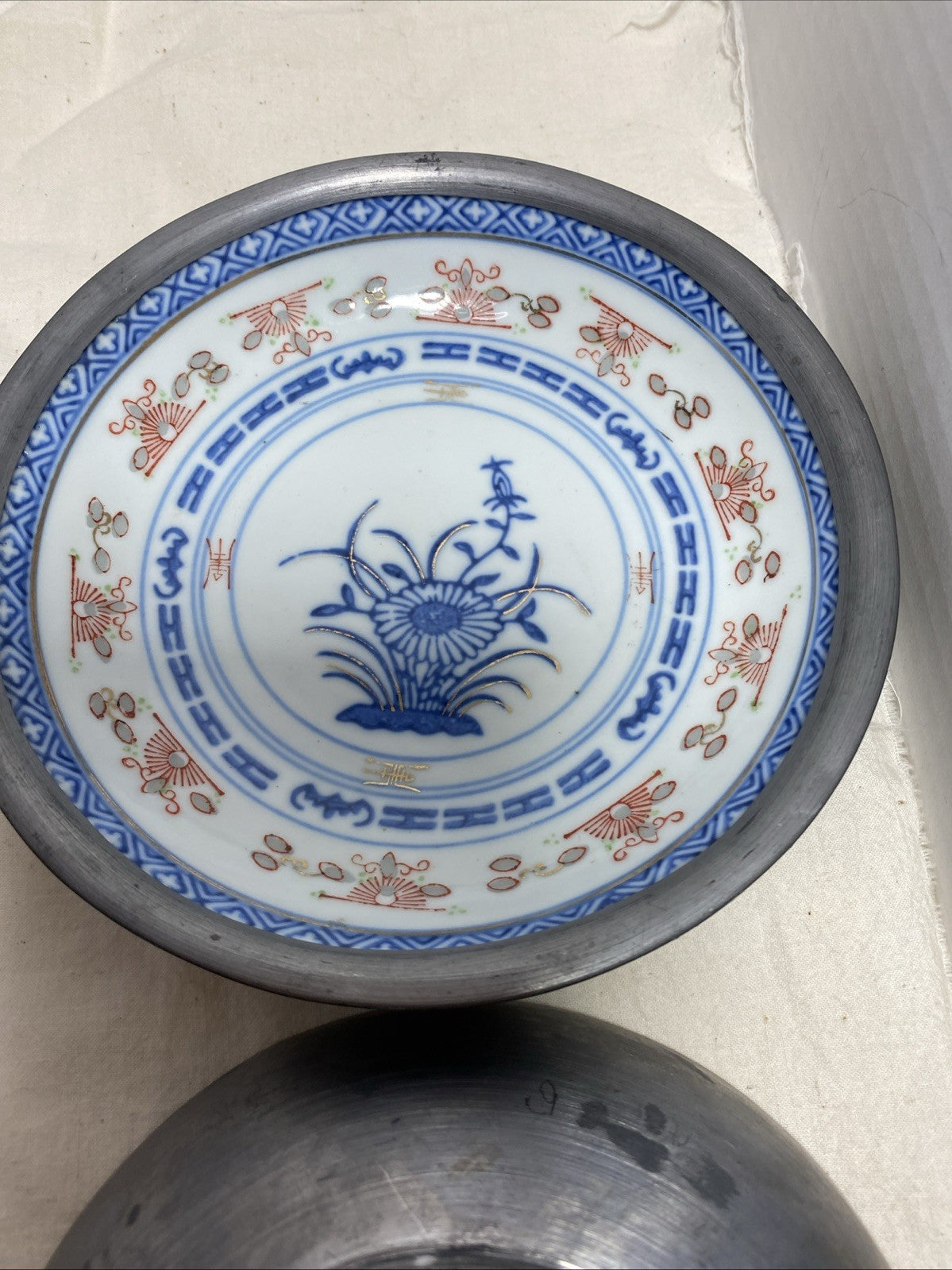 Rice Eye Blue Lotus Flower China Blue & White Shallow Sauce Dish, In Pewter Bowl