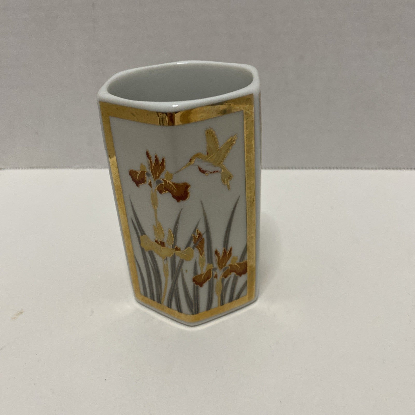 Vintage Gold Hummingbird Iris Orchid  Hexagonal Ceramic Bud Vase