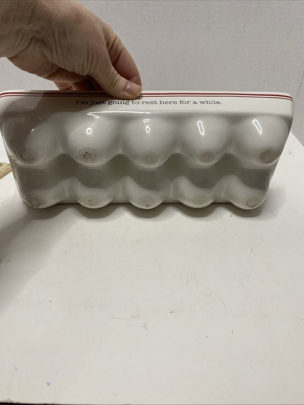 White Ceramic Egg Carton; Country Farmhouse Kitchen Decor Rustic Holds 10 Eggs