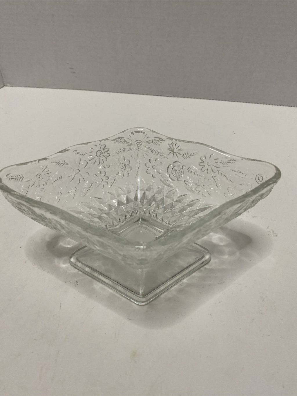 Vintage Clear Indiana Glass Diamond Shaped Footed Floral Nut/Trinket/Candy Dish