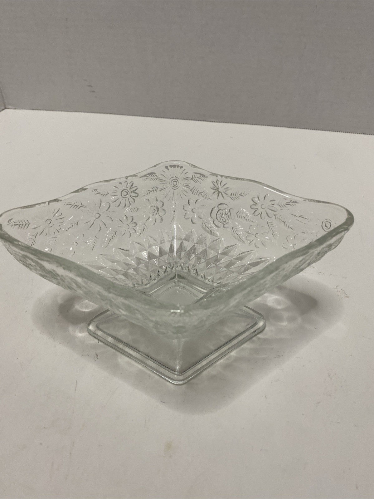 Vintage Clear Indiana Glass Diamond Shaped Footed Floral Nut/Trinket/Candy Dish