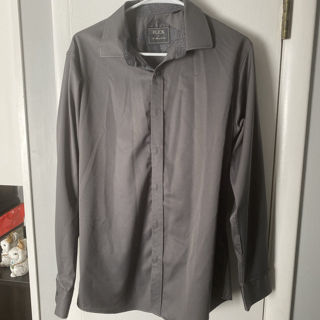 Flex Button Down Shirt M Mens Long Sleeve Dress Shirt Satin Feel Dark Gray
