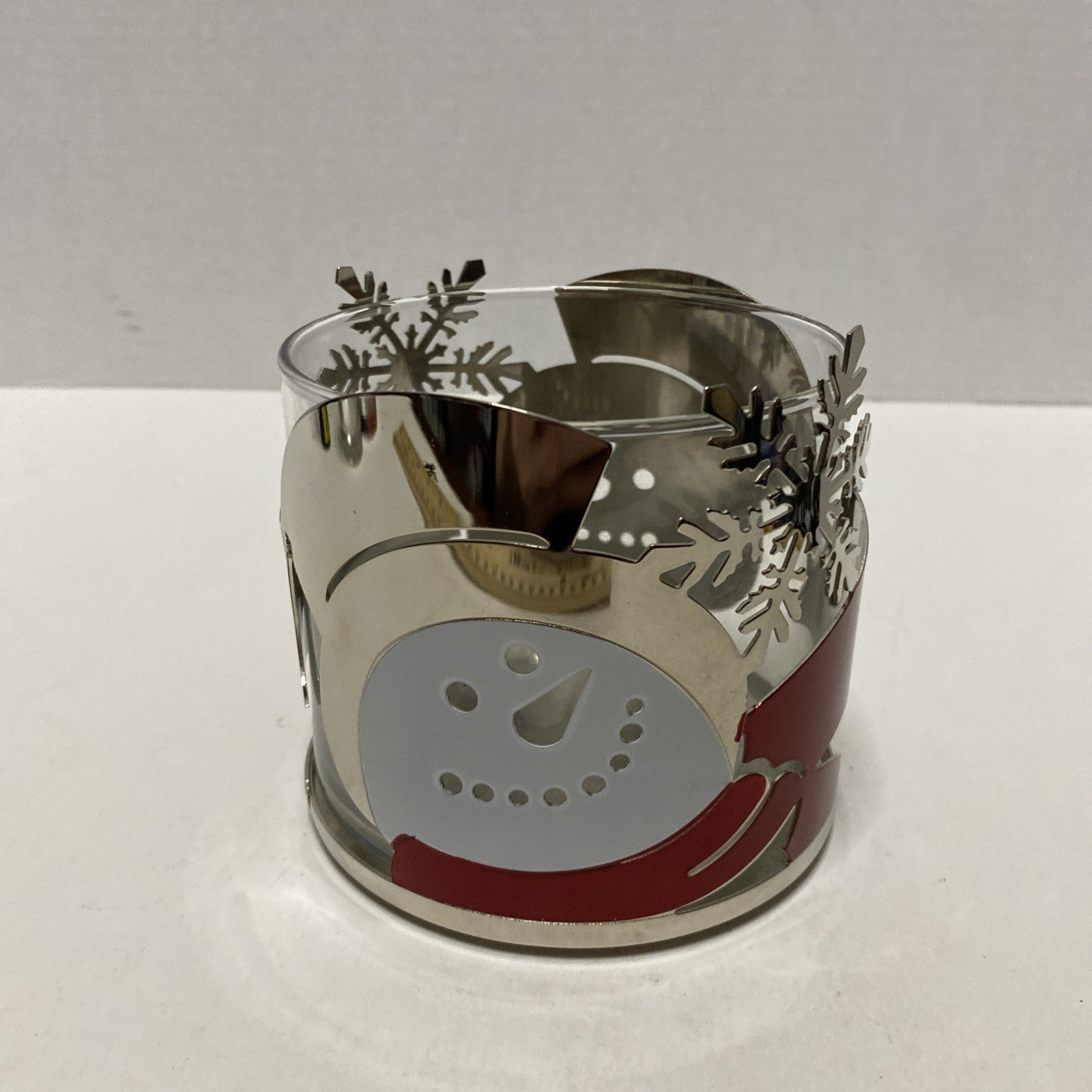 Bath & Body Works 3 Wick 14.5 oz  Candle Holder Silver Red Snowman Slatkin