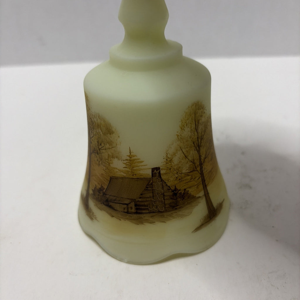 Vintage Fenton Uranium Custard Glass Bell Log Cabin Hand Painted Signed ~ Glows