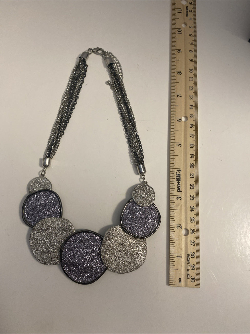 Shimmer Statement Collar Necklace with Silver Tone Disk Pedants