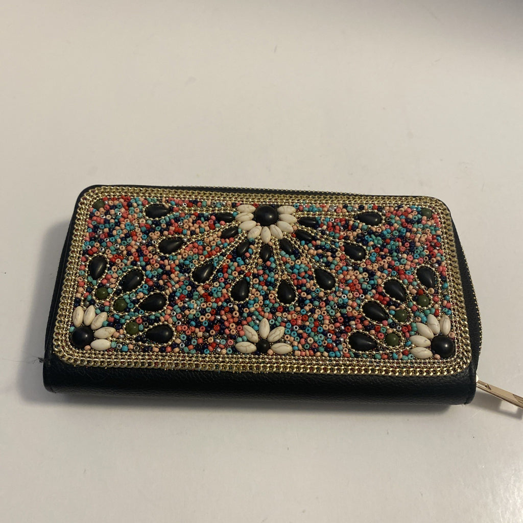 Beaded wallet Black leather with pink, teal peach, dark blue beads, golden trim