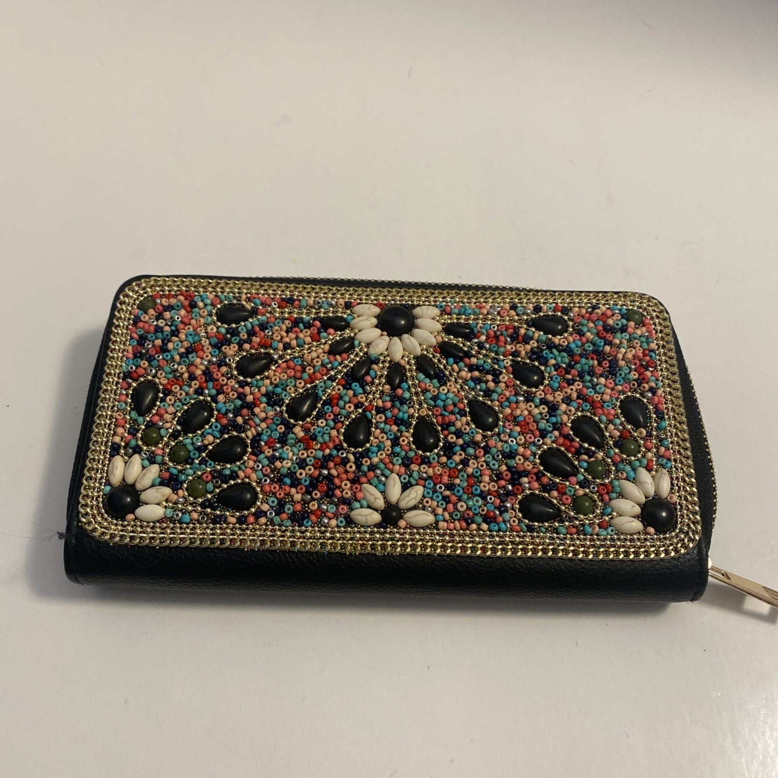 Beaded wallet Black leather with pink, teal peach, dark blue beads, golden trim