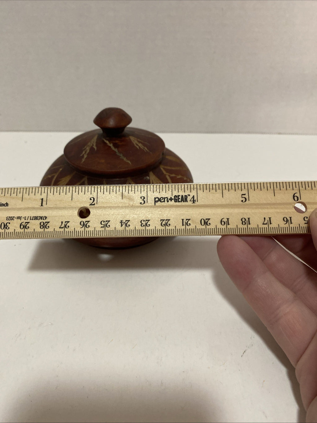 Vintage Hand Carved Wooden Trinket Box With Lid Swirl Design Small 5” Approx
