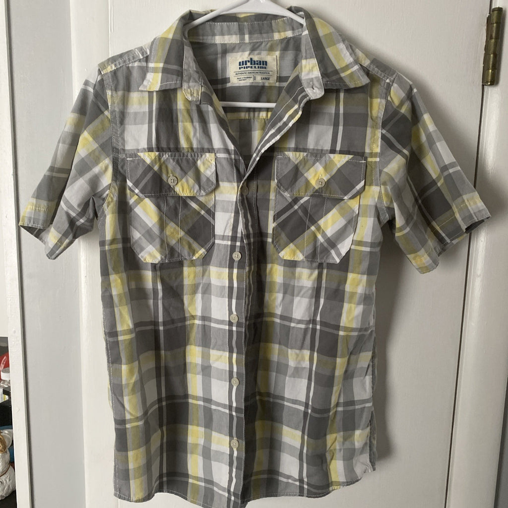 Urban Pipeline Shirt Boys Large Gray Yellow Plaid Short Sleeve Button Up Casual