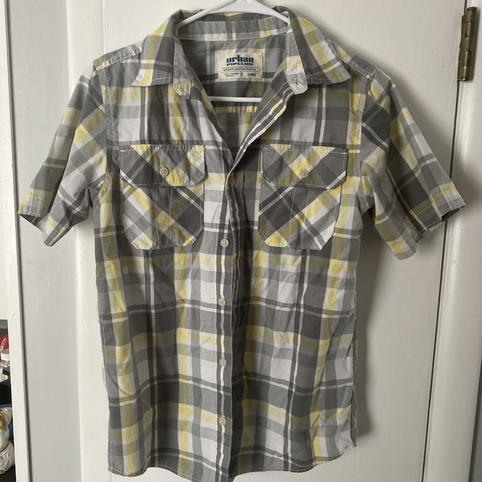 Urban Pipeline Shirt Boys Large Gray Yellow Plaid Short Sleeve Button Up Casual