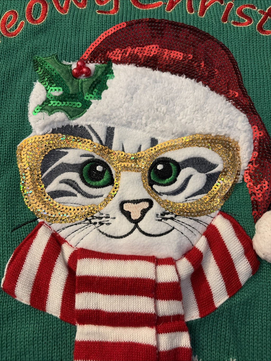 Isela Womens Meowy Christmas Sweater Cat Sequin Bells Pom Pom Multicolor Large