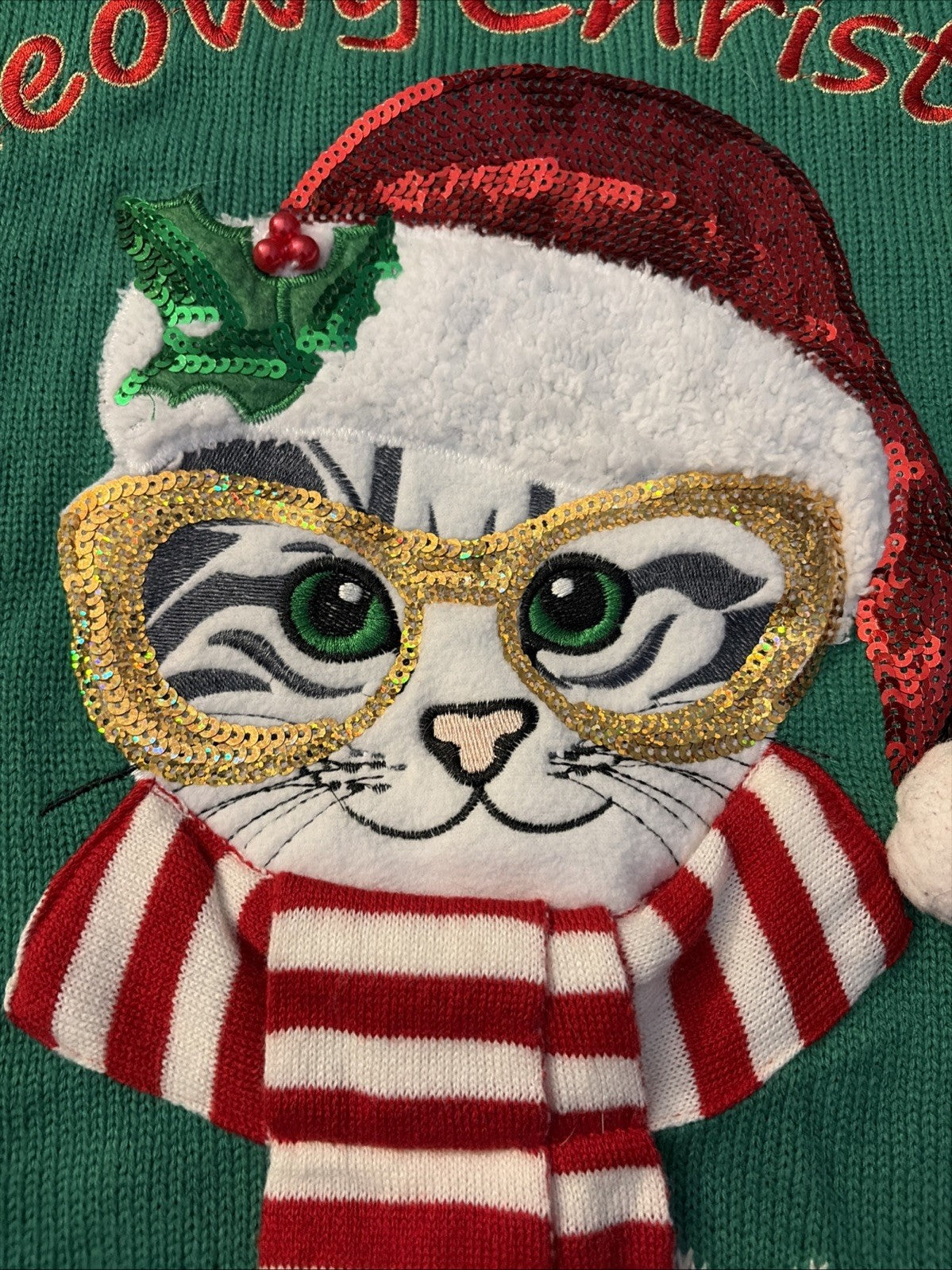 Isela Womens Meowy Christmas Sweater Cat Sequin Bells Pom Pom Multicolor Large