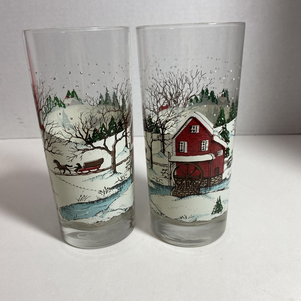 2-Drinking Glasses Currier Ives Winter Barn Snow  Scene.