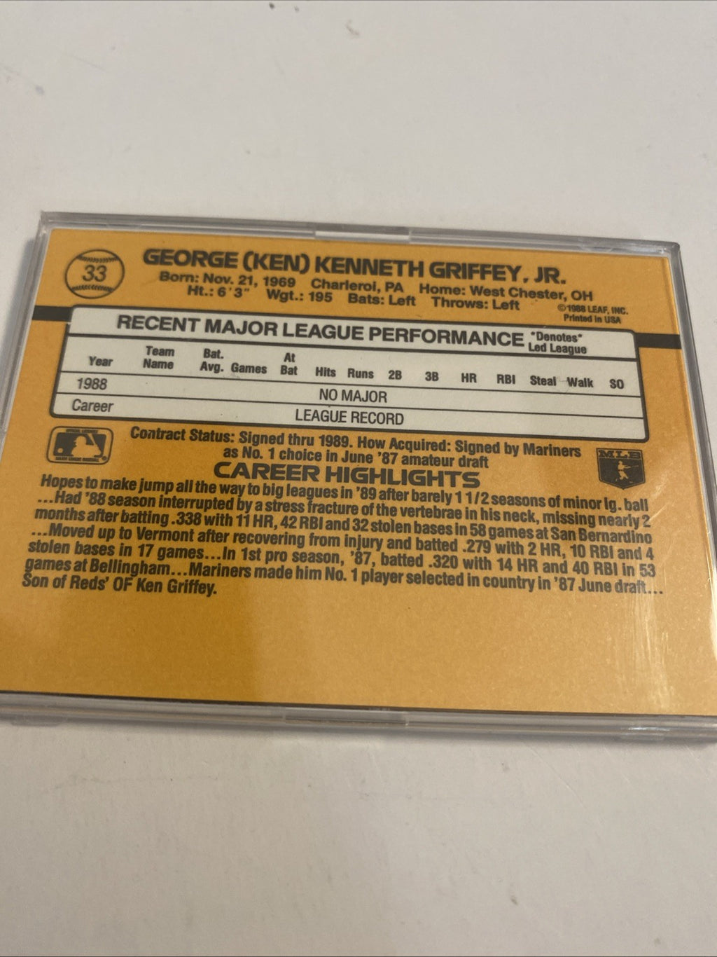 Ken Griffey Jr , 1988 , Leaf , #33 , Plastic Protected