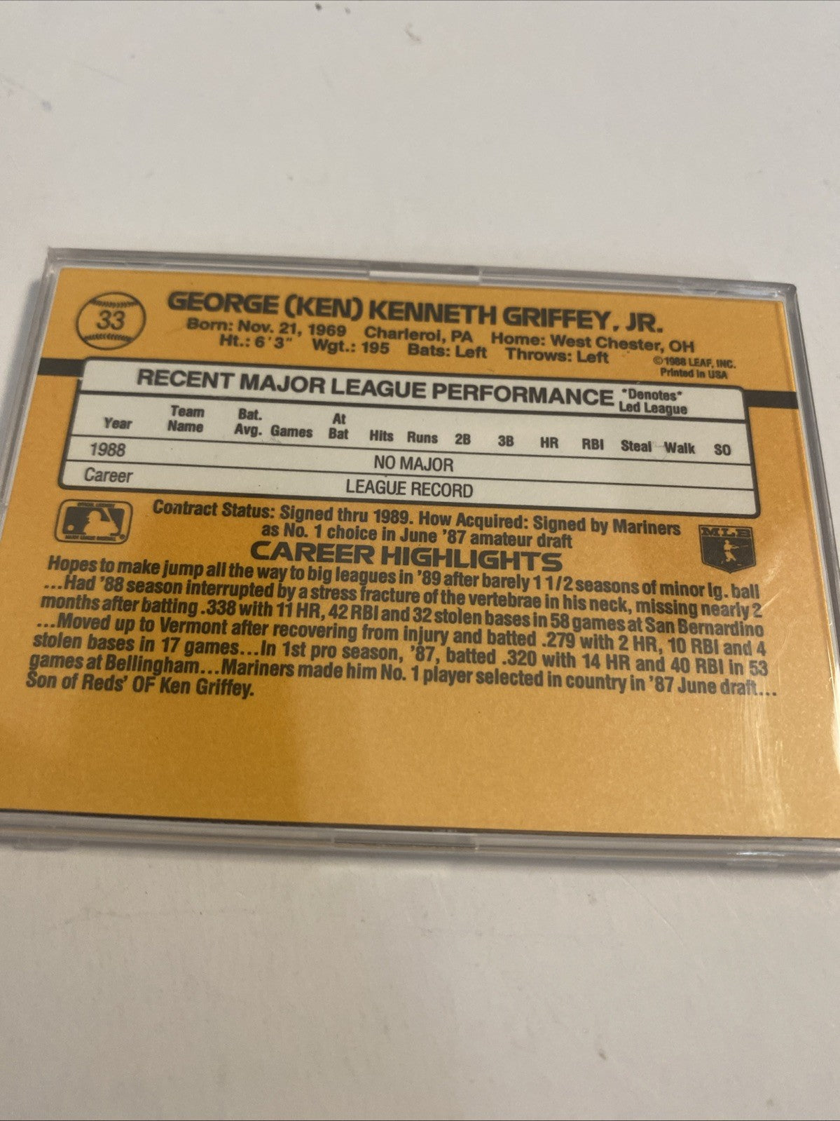 Ken Griffey Jr , 1988 , Leaf , #33 , Plastic Protected