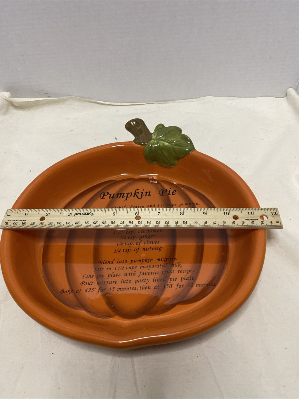 Ceramic Pumpkin Pie Plate With Recipe Printed On Base
