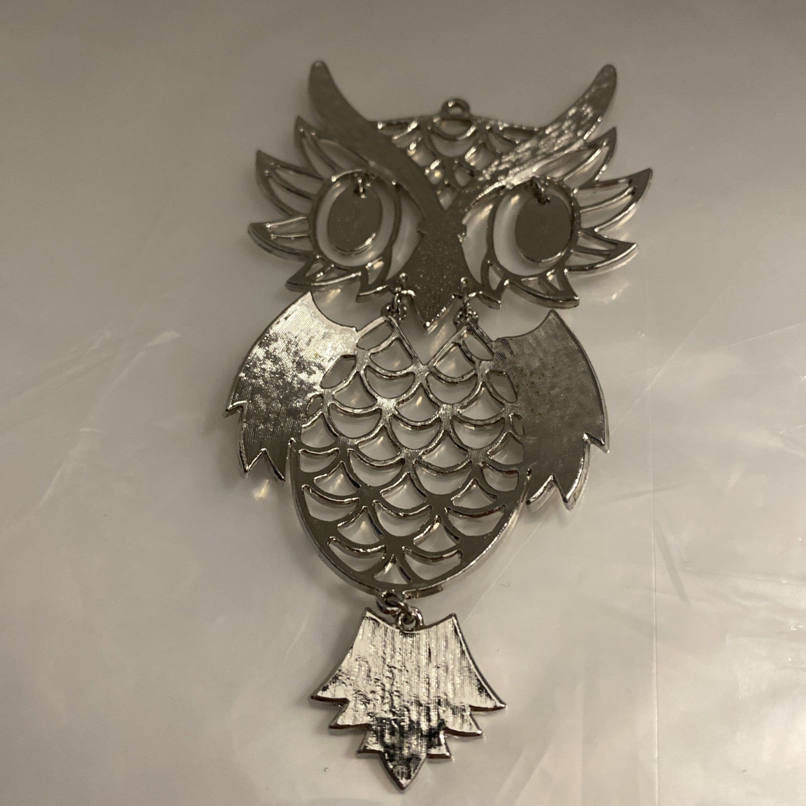 Vintage Silver Tone Large Owl Statement Pendant Bead Eyes Hinged
