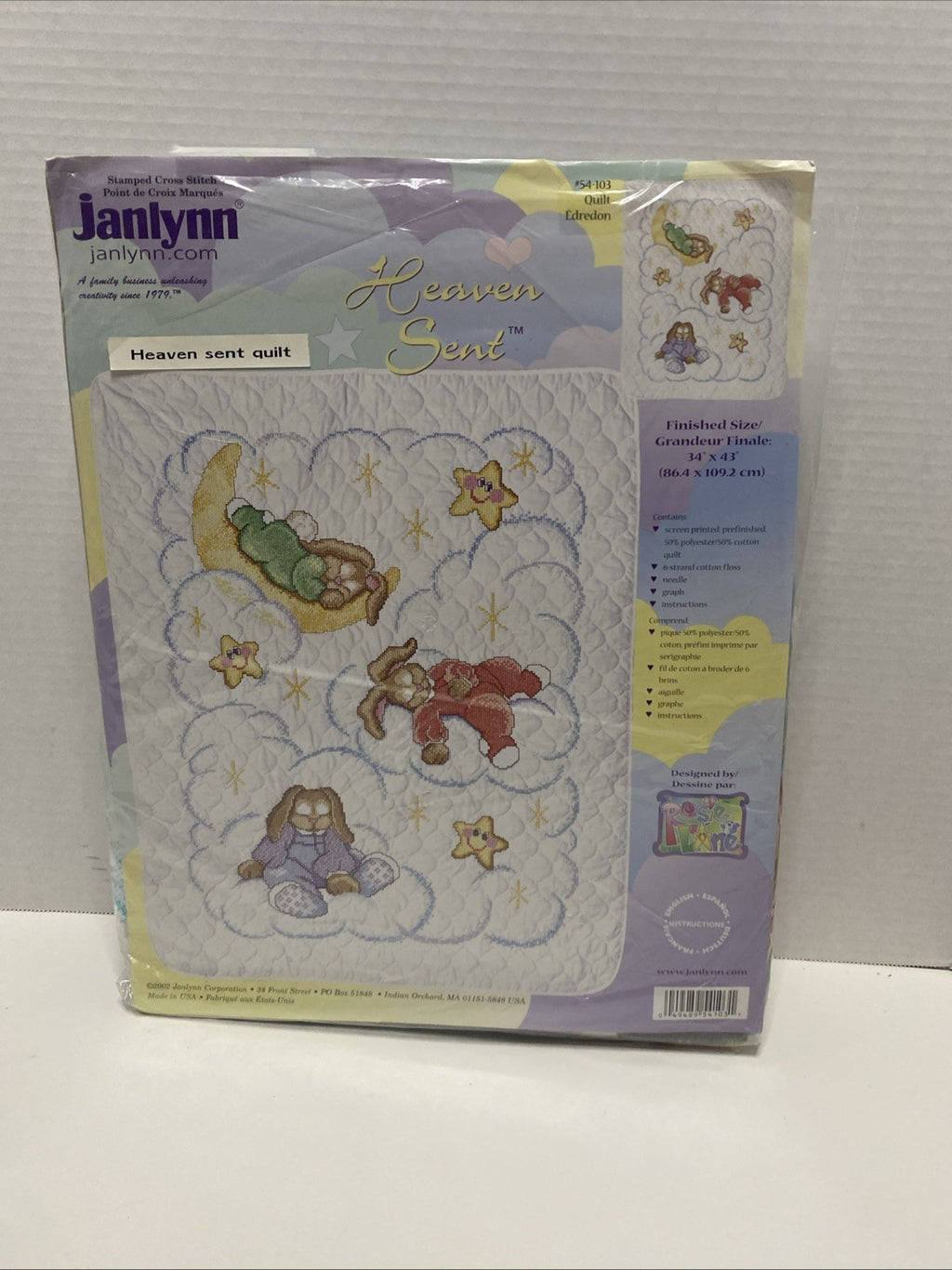 Janlynn Stamped Cross Stitch Quilt Kit Heaven Sent Bunnies on Clouds 54-103