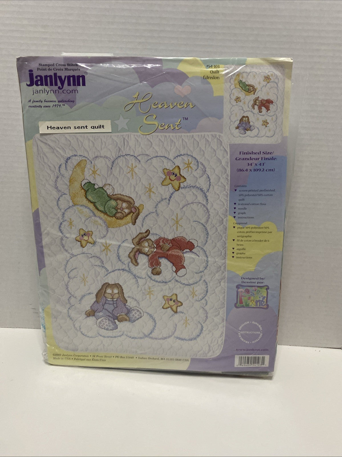 Janlynn Stamped Cross Stitch Quilt Kit Heaven Sent Bunnies on Clouds 54-103