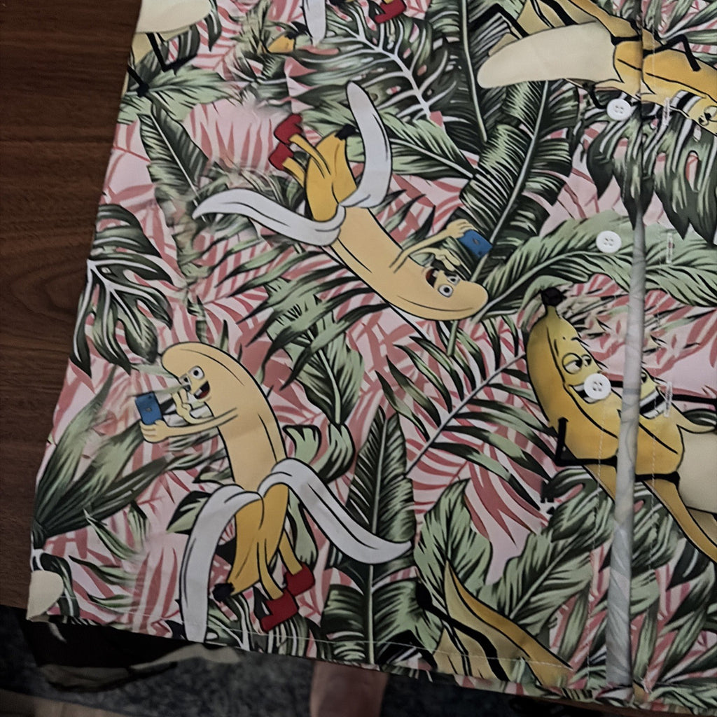 Men’s Extra Large Hawaiian Button-Down Short Sleeve Shirt Happy Banana Print