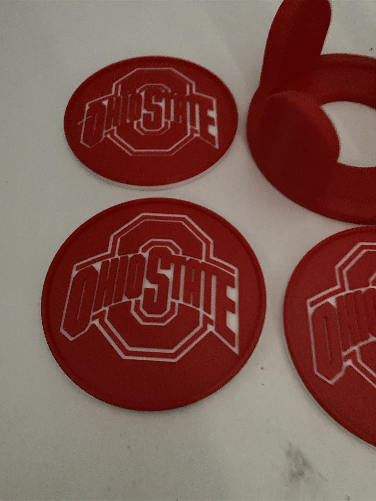 Custom 3-D printed Ohio State university coaster set five coasters and holder