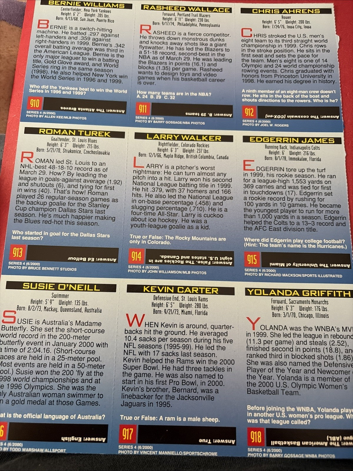 Sports Illustrated For Kids June 2000 Uncut Card Sheet #910-918