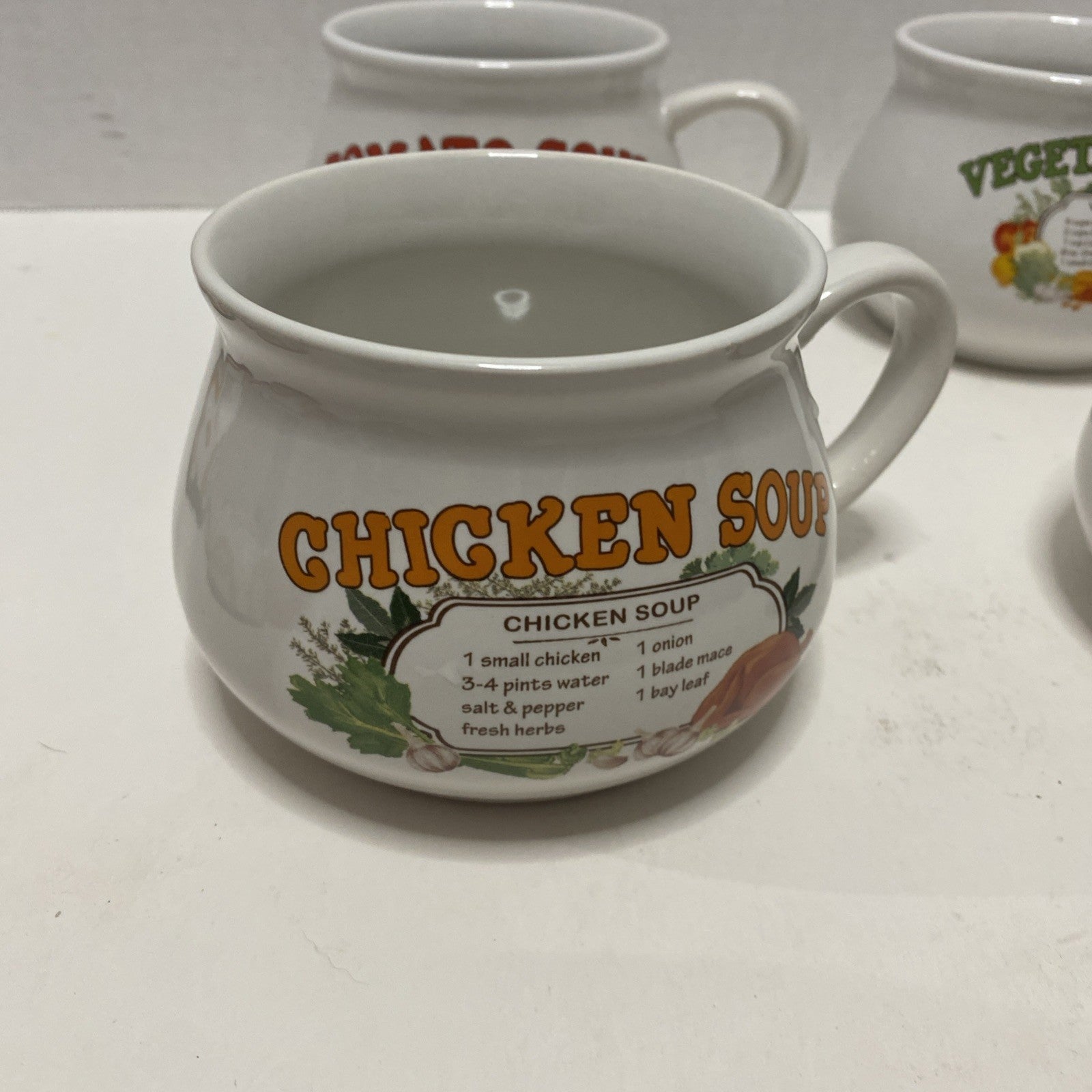 Vintage Set of 4 DDJ Recipe Ceramic Soup Mug Bowls Potato Tomato Chicken Veggie