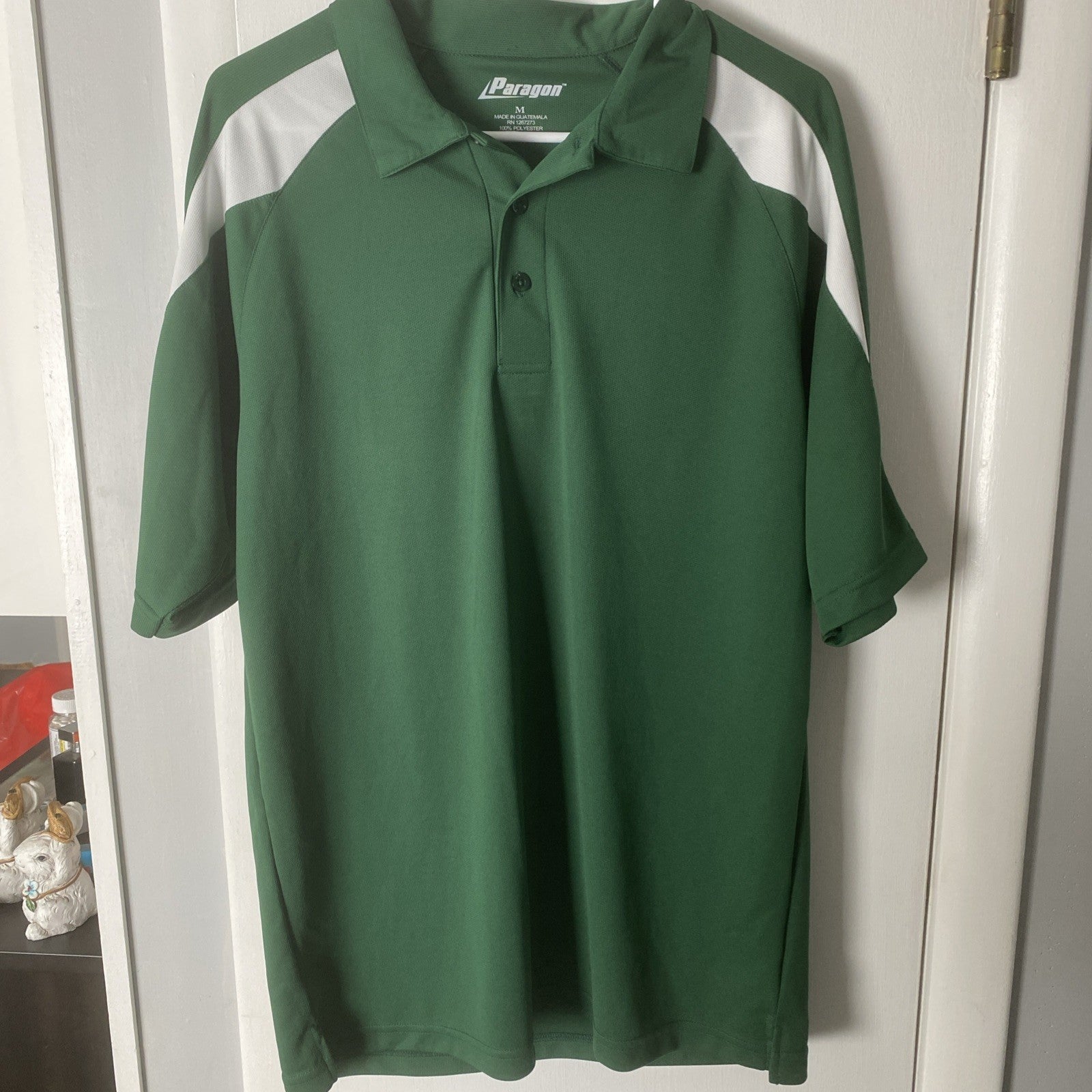 Paragon men’s green white striped polo shirt size medium short sleeve