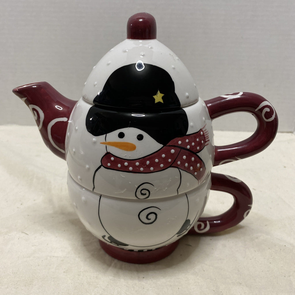 Bella Casa By Ganz Snowman Tea For One Teapot & Cup Stacked 3 Piece Set