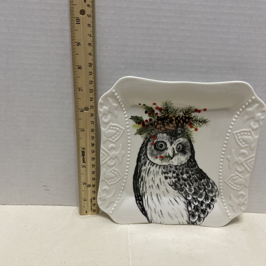 Christmas Owl with Mistletoe Curved Handle Porcelain Square Salad Plate