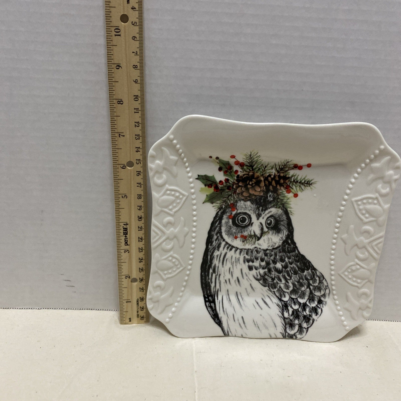 Christmas Owl with Mistletoe Curved Handle Porcelain Square Salad Plate