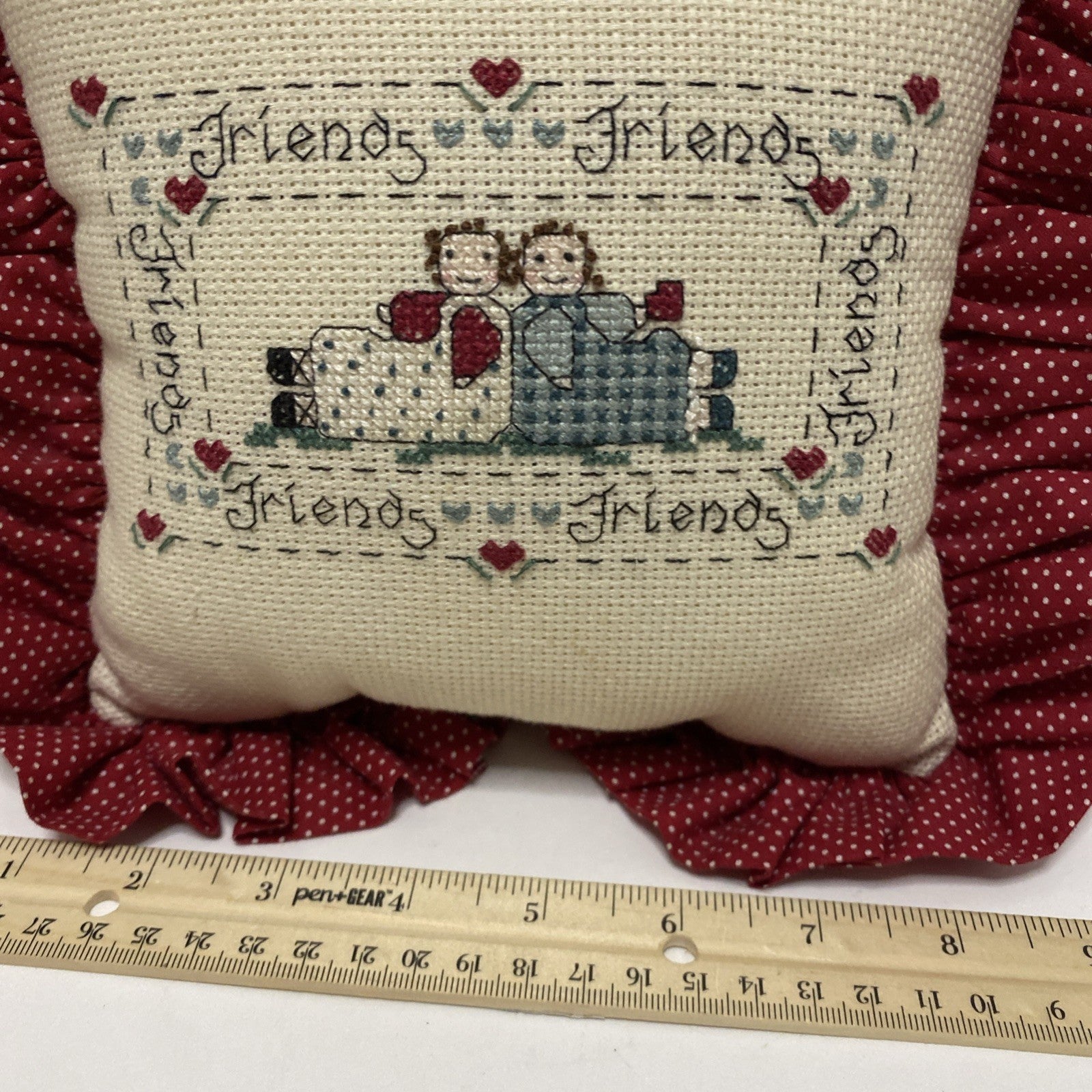 CROSS STITCH FINISHED PILLOW OLD FASHION FRIENDS HANDMADE