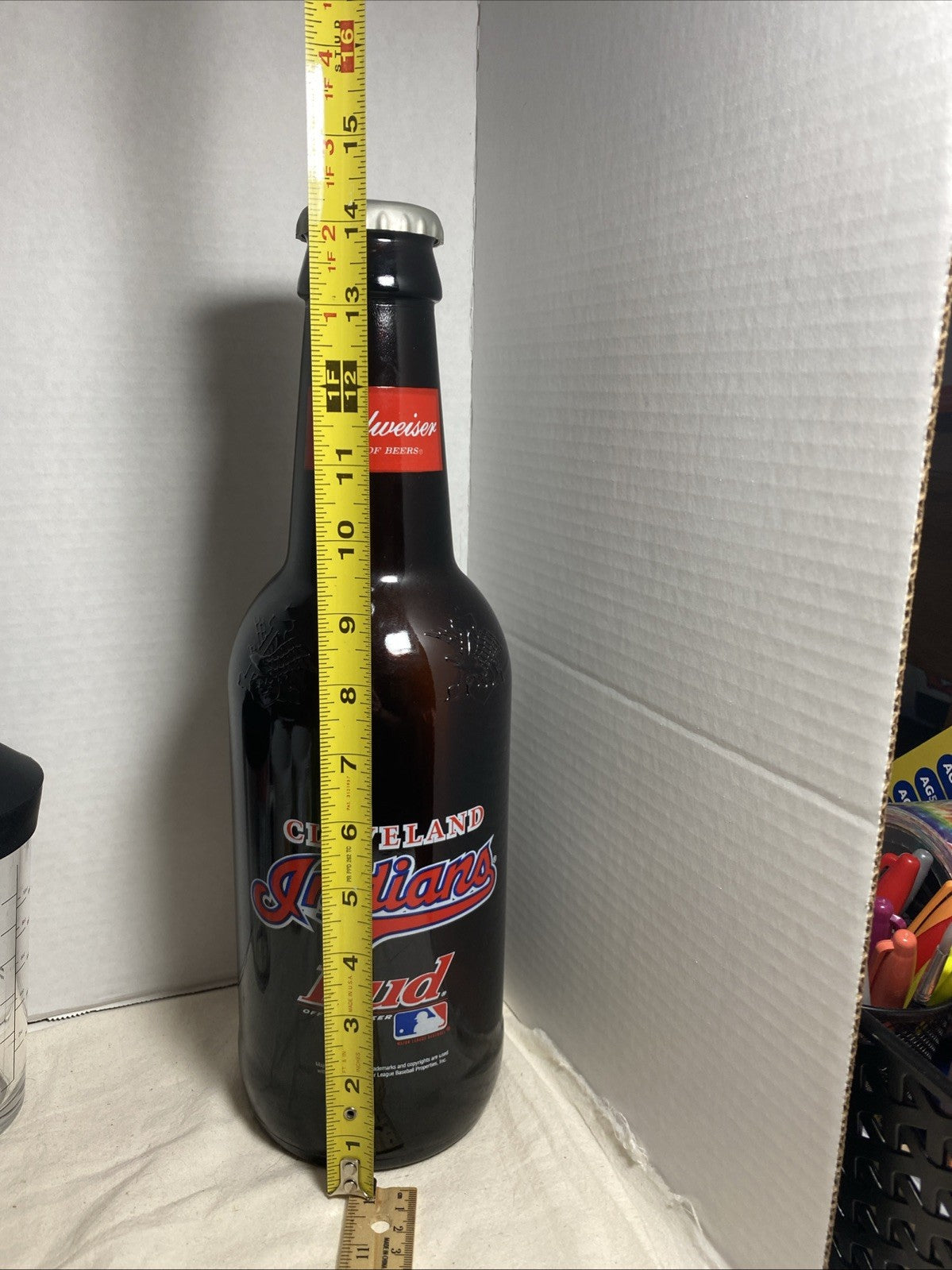 Cleveland Indians Budweiser Beer Large Glass Bottle 14 1/2" Tall