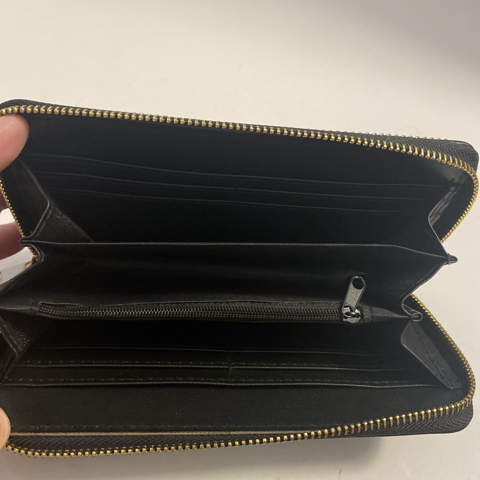 Beaded wallet Black leather with pink, teal peach, dark blue beads, golden trim